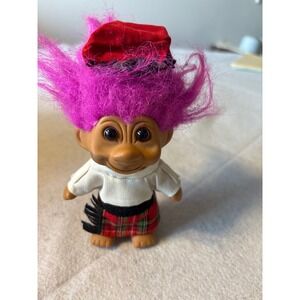 Vintage 1991 TNT Troll Doll Purple Hair Scottish Kilt Red Hat